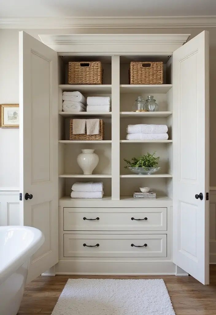29 Bathroom Closet Ideas That Add Storage - 23. Shelving Units for Floor Space