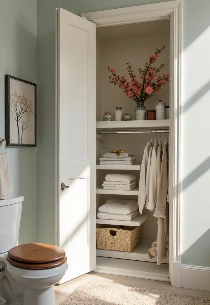 29 Bathroom Closet Ideas That Add Storage - 27. Seasonal Decor Integration