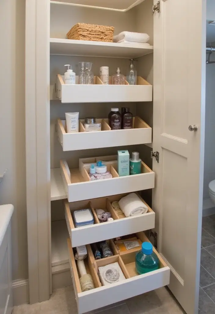 29 Bathroom Closet Ideas That Add Storage - 5. Pull-Out Drawers for Accessibility