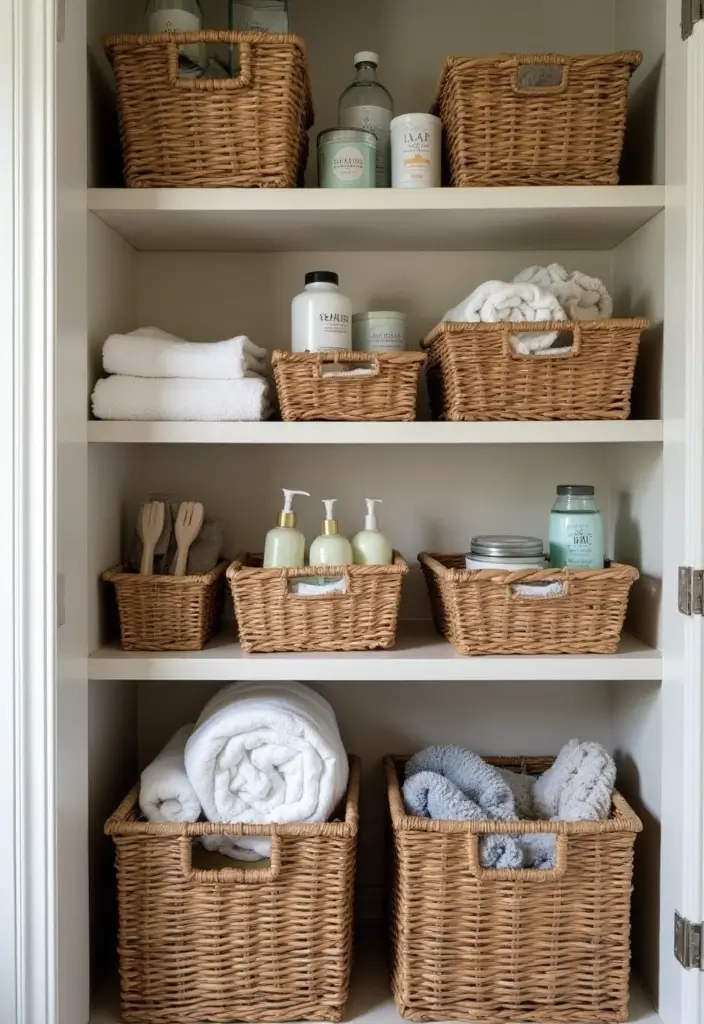 29 Bathroom Closet Ideas That Add Storage - 9. Baskets and Caddies
