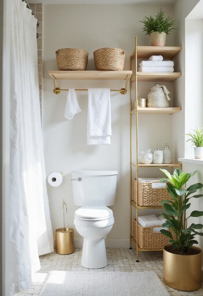 29 Bathroom Gold Accents That Add Glamour - 10. Gold Storage Solutions