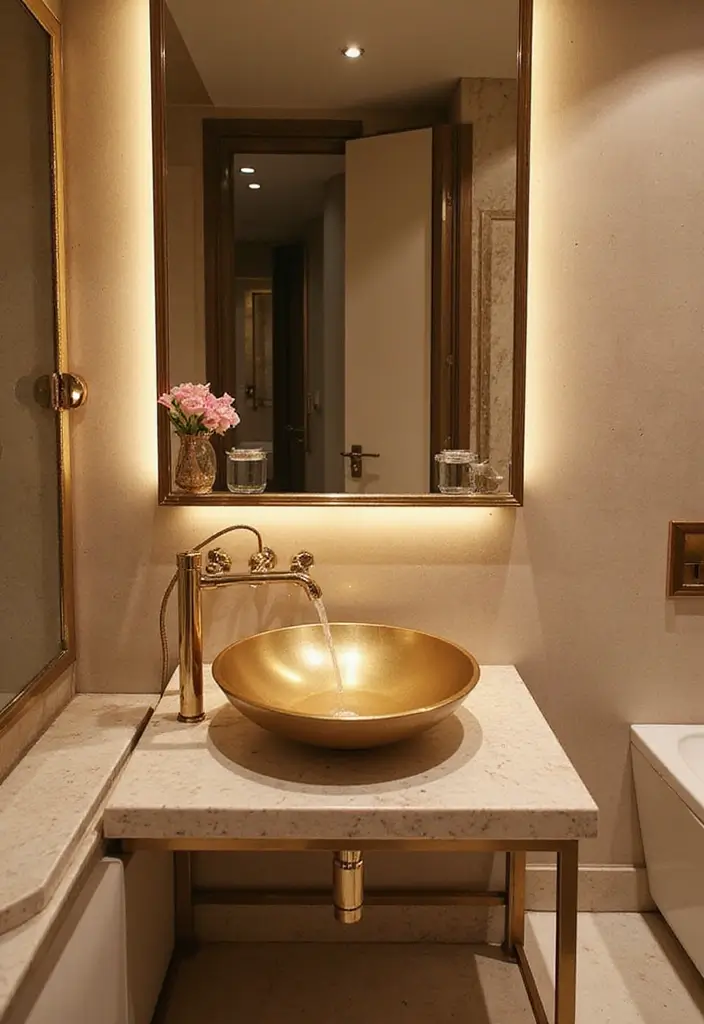 29 Bathroom Gold Accents That Add Glamour - 16. Gold Wash Basins