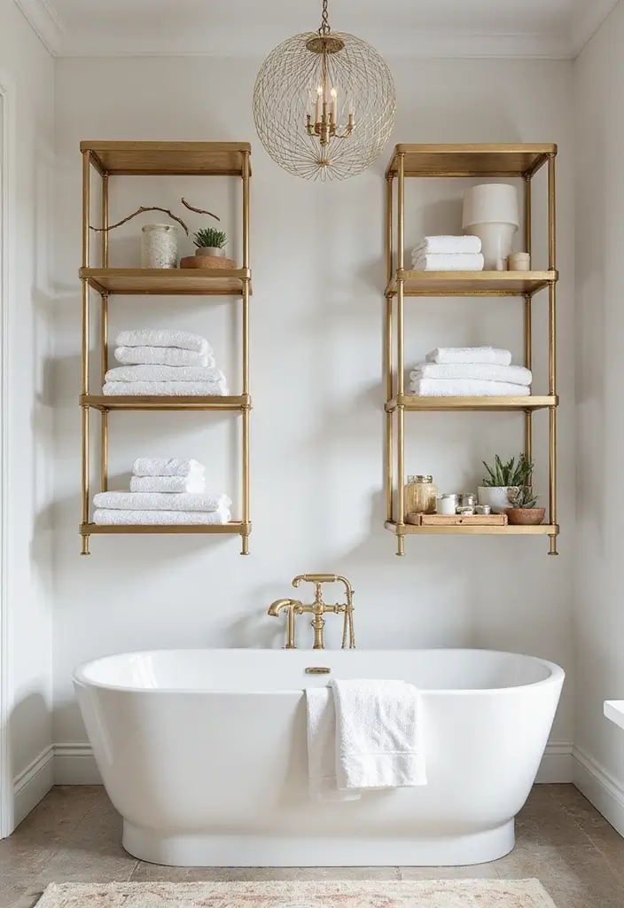 29 Bathroom Gold Accents That Add Glamour - 17. Gold Shelving Units