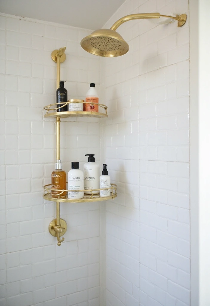 29 Bathroom Gold Accents That Add Glamour - 18. Gold Shower Caddies