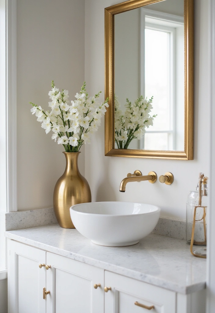 29 Bathroom Gold Accents That Add Glamour - 21. Gold Accent Vases