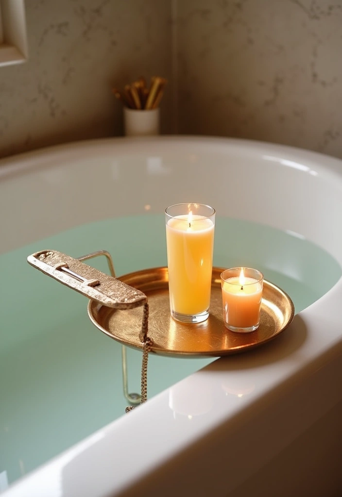 29 Bathroom Gold Accents That Add Glamour - 24. Gold Accented Bath Trays