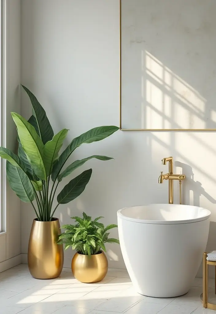 29 Bathroom Gold Accents That Add Glamour - 25. Gold Accent Plants