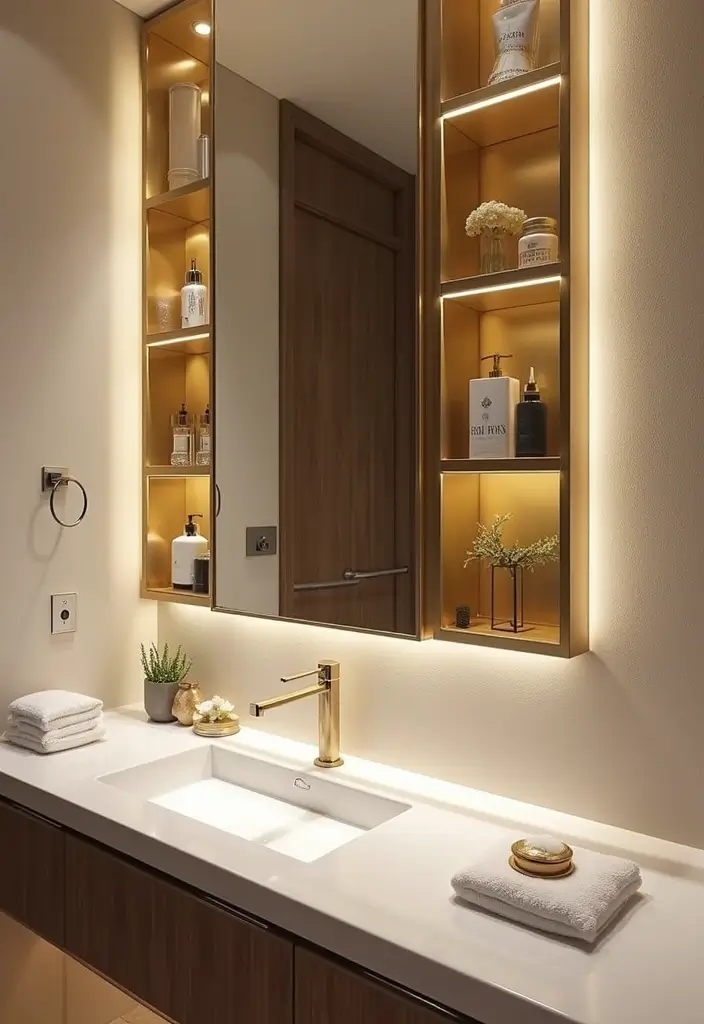 29 Bathroom Gold Accents That Add Glamour - 26. Gold Mirrors with Shelving