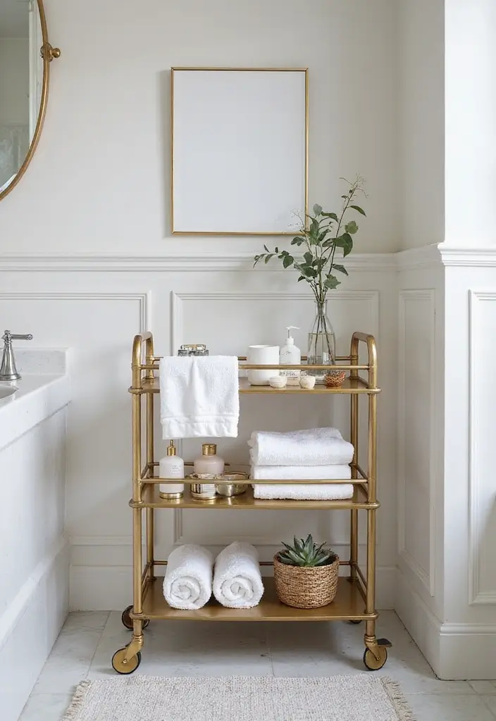 29 Bathroom Gold Accents That Add Glamour - 27. Gold Utility Carts