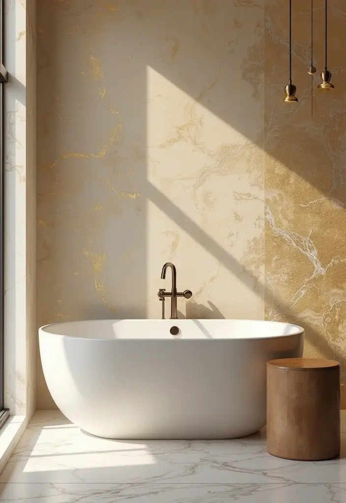 29 Bathroom Gold Accents That Add Glamour - 29. Gold Accent Wallpaper