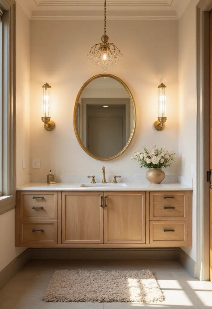 29 Bathroom Gold Accents That Add Glamour - 6. Gold Accented Lighting Fixtures
