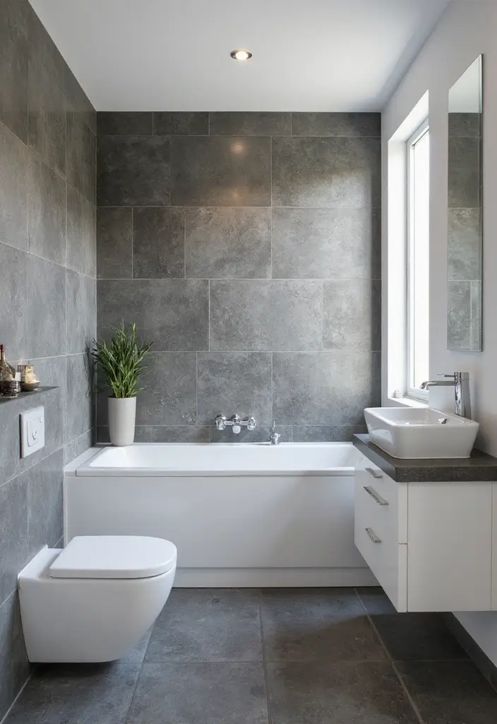 29 Bathroom Tile Combinations That Always Work - 16. Sleek Slate with Bright Whites