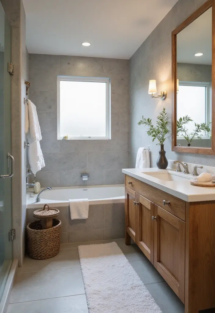 29 Bathroom Tile Combinations That Always Work - 20. Soft Gray with Warm Wood