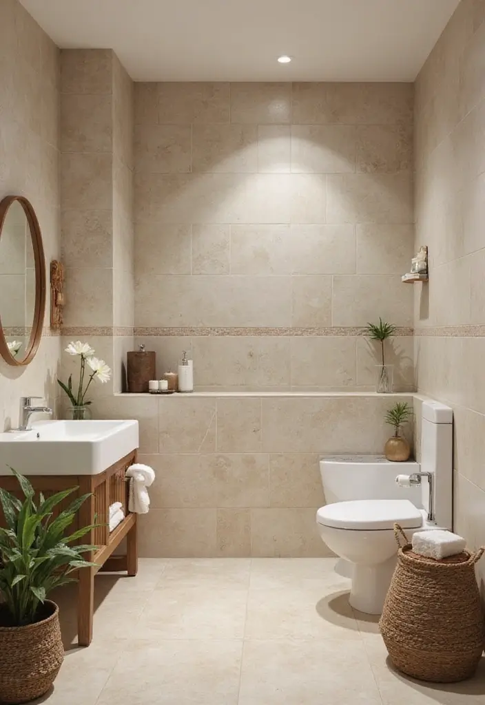 29 Bathroom Tile Combinations That Always Work - 22. Sandy Beige with Deep Sea Hues