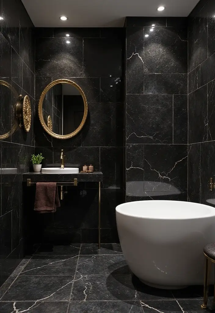 29 Bathroom Tile Combinations That Always Work - 25. Classic Black with Metallic Accents