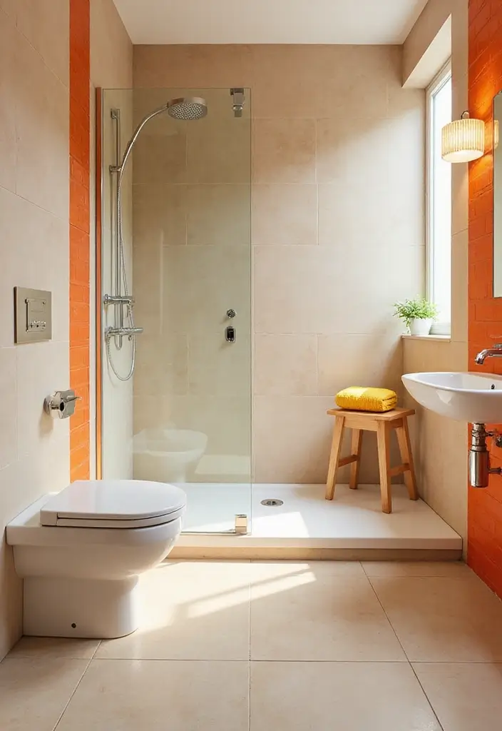 29 Bathroom Tile Combinations That Always Work - 26. Soft Beige with Bright Pops