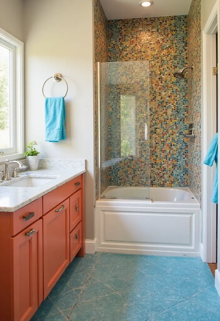 29 Bathroom Tile Combinations That Always Work - 8. Bright and Bold Mosaic Tiles