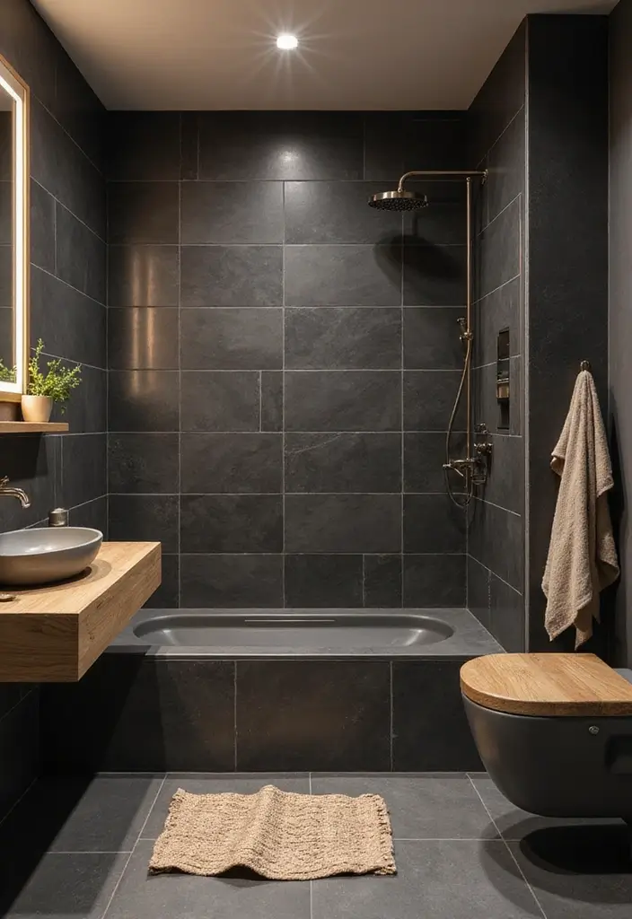 29 Black Tile Bathroom Ideas That Feel Modern And Bold - 11. Black Tiles with Wood Accents