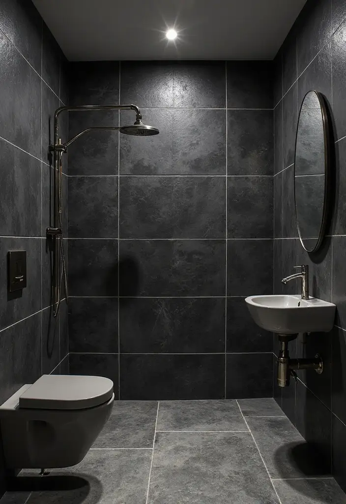 29 Black Tile Bathroom Ideas That Feel Modern And Bold - 15. Black Tiles with Metal Finishes