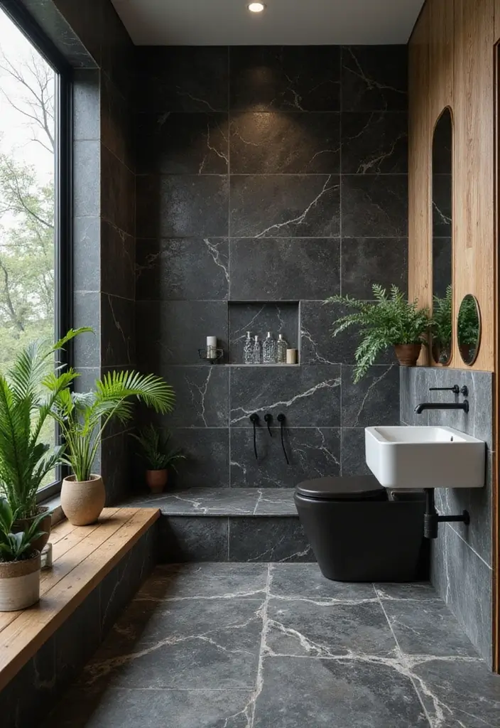 29 Black Tile Bathroom Ideas That Feel Modern And Bold - 17. Nature-Inspired Black Tiles