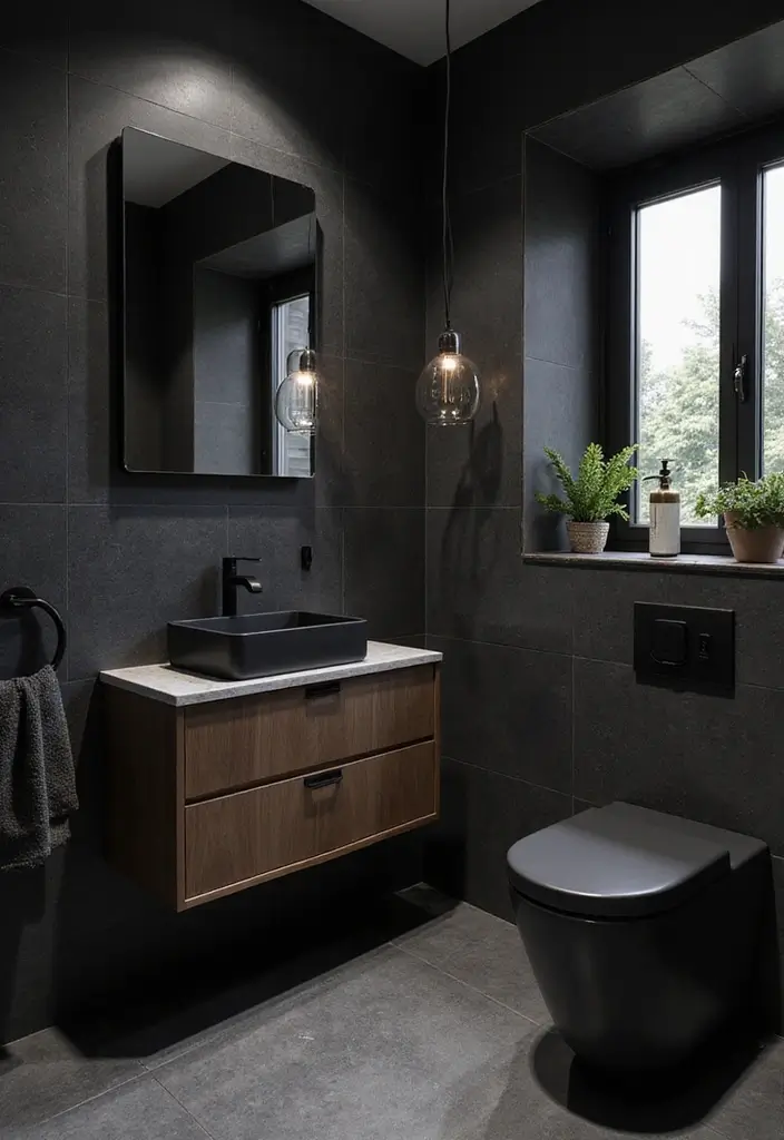 29 Black Tile Bathroom Ideas That Feel Modern And Bold - 18. Black Overhead Lighting