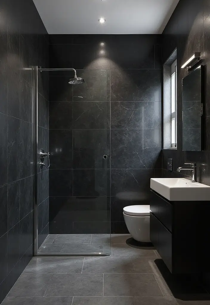 29 Black Tile Bathroom Ideas That Feel Modern And Bold - 19. Black and Glass Elements