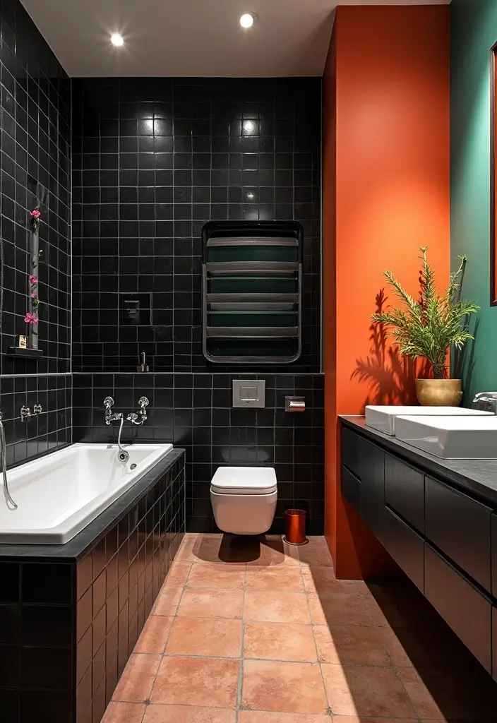 29 Black Tile Bathroom Ideas That Feel Modern And Bold - 25. Black Tiles with Colorful Accents
