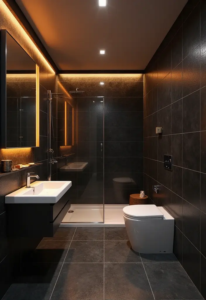 29 Black Tile Bathroom Ideas That Feel Modern And Bold - 27. Black Tiles with Warm Lighting