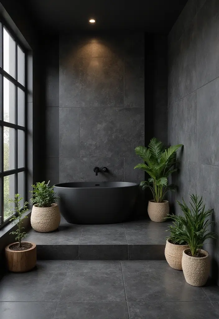 29 Black Tile Bathroom Ideas That Feel Modern And Bold - 29. Black Tile with Natural Elements