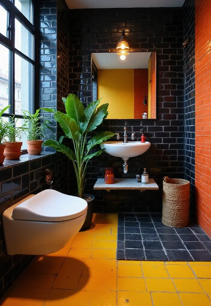 29 Black Tile Bathroom Ideas That Feel Modern And Bold - 9. Black Tiles Against Bright Colors