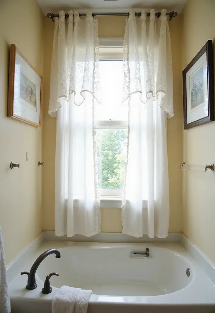 29 Coffee Shop Bathroom Ideas That Feel Cozy - 19. Charming Window Treatments