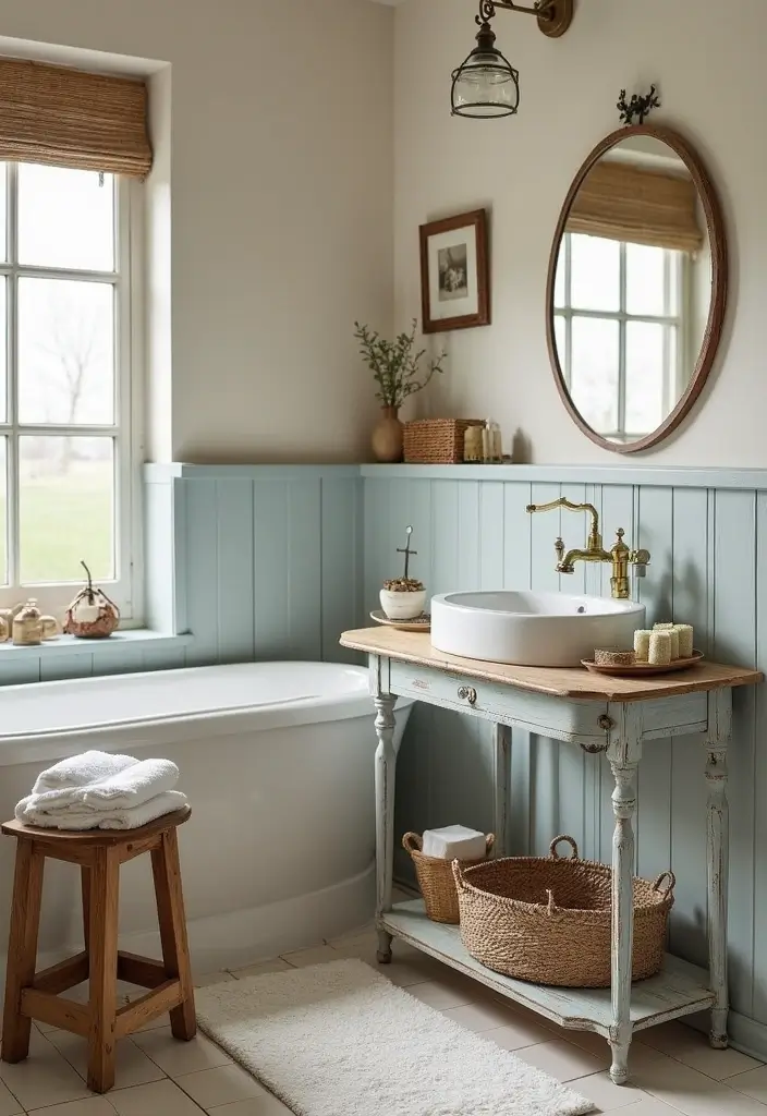 29 Coffee Shop Bathroom Ideas That Feel Cozy - 6. Distressed Furniture