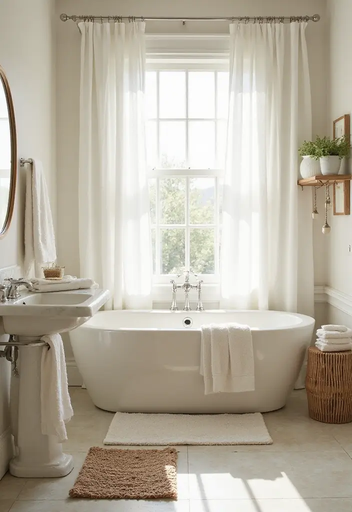 29 Girly Bathroom Aesthetic Ideas That Feel Playful - 15. Light and Airy Fabrics