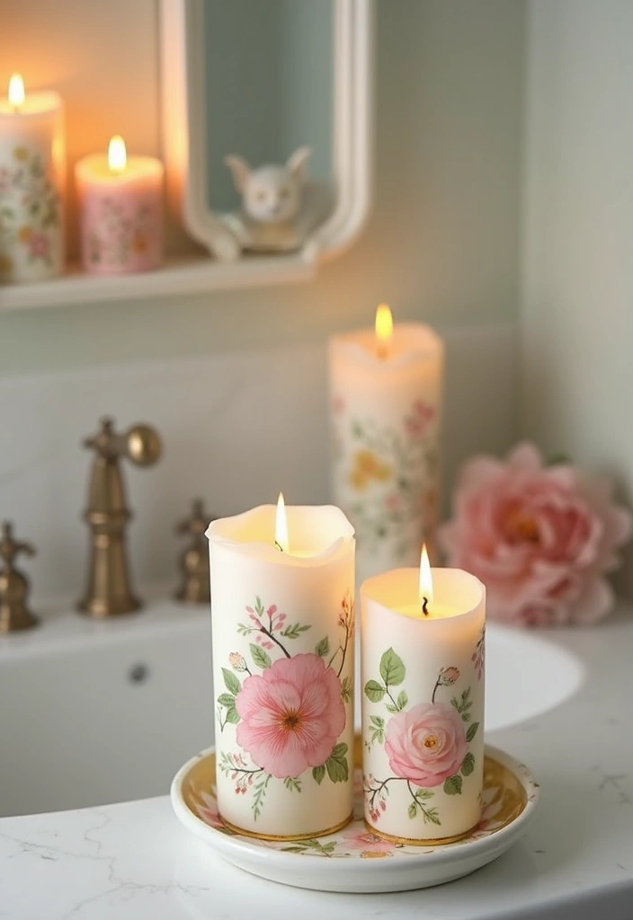 29 Girly Bathroom Aesthetic Ideas That Feel Playful - 20. Charming Candle Holders