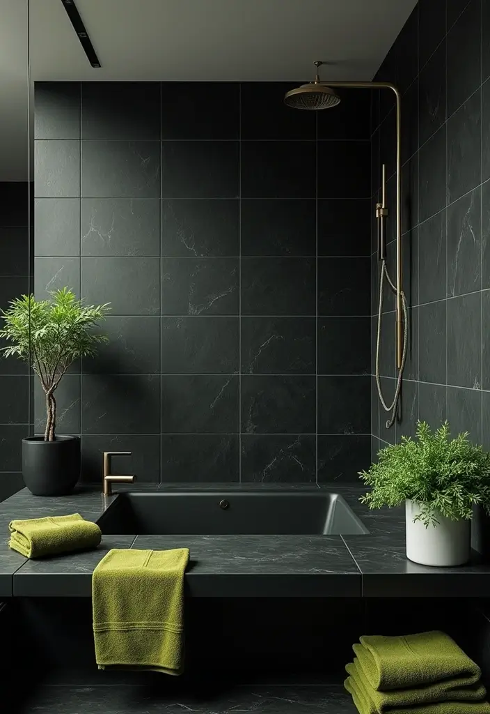 29 Green And Black Bathroom Designs That Feel Luxe - 1. Bold Black Tiles with Green Accents