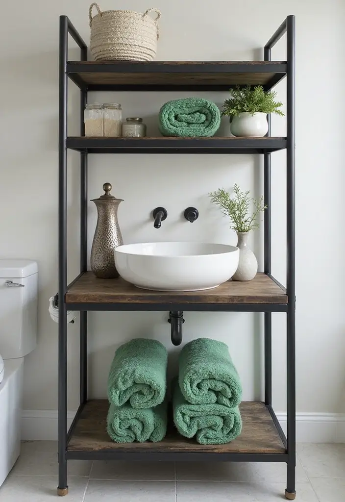 29 Green And Black Bathroom Designs That Feel Luxe - 12. Open Shelving for Stylish Storage
