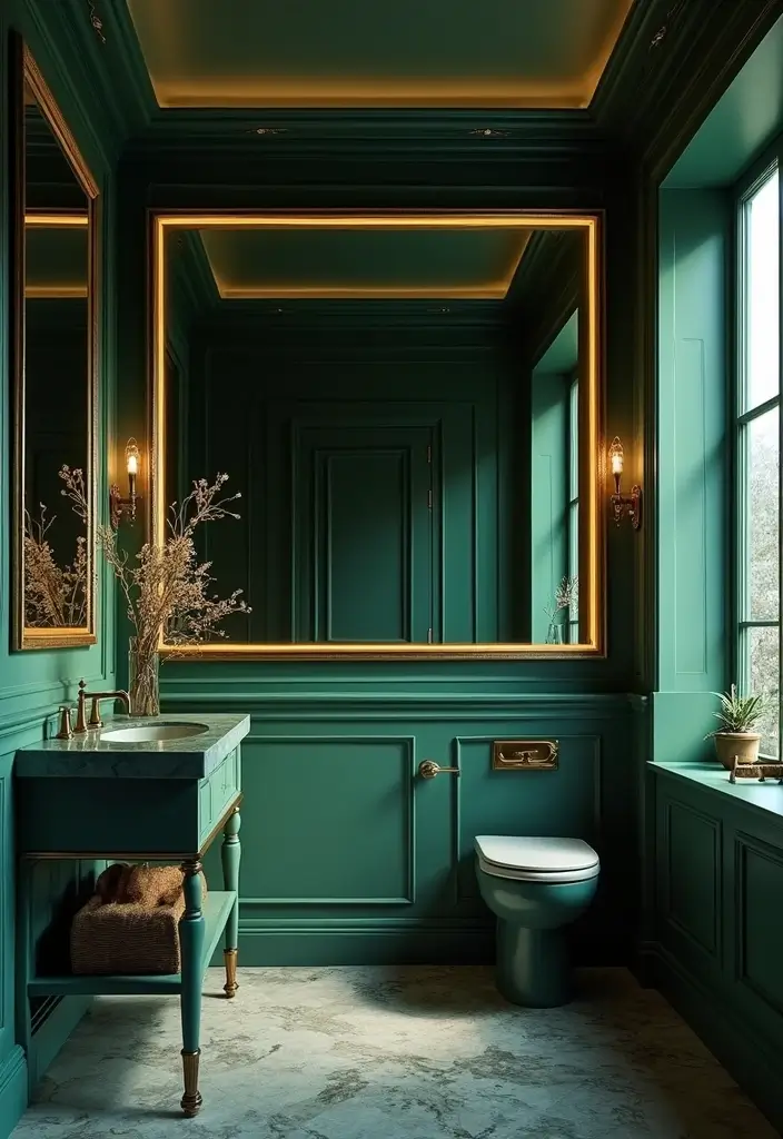29 Green And Black Bathroom Designs That Feel Luxe - 21. Mirrored Accents for Depth
