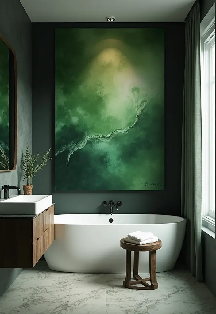 29 Green And Black Bathroom Designs That Feel Luxe - 22. Artistic Wall Art