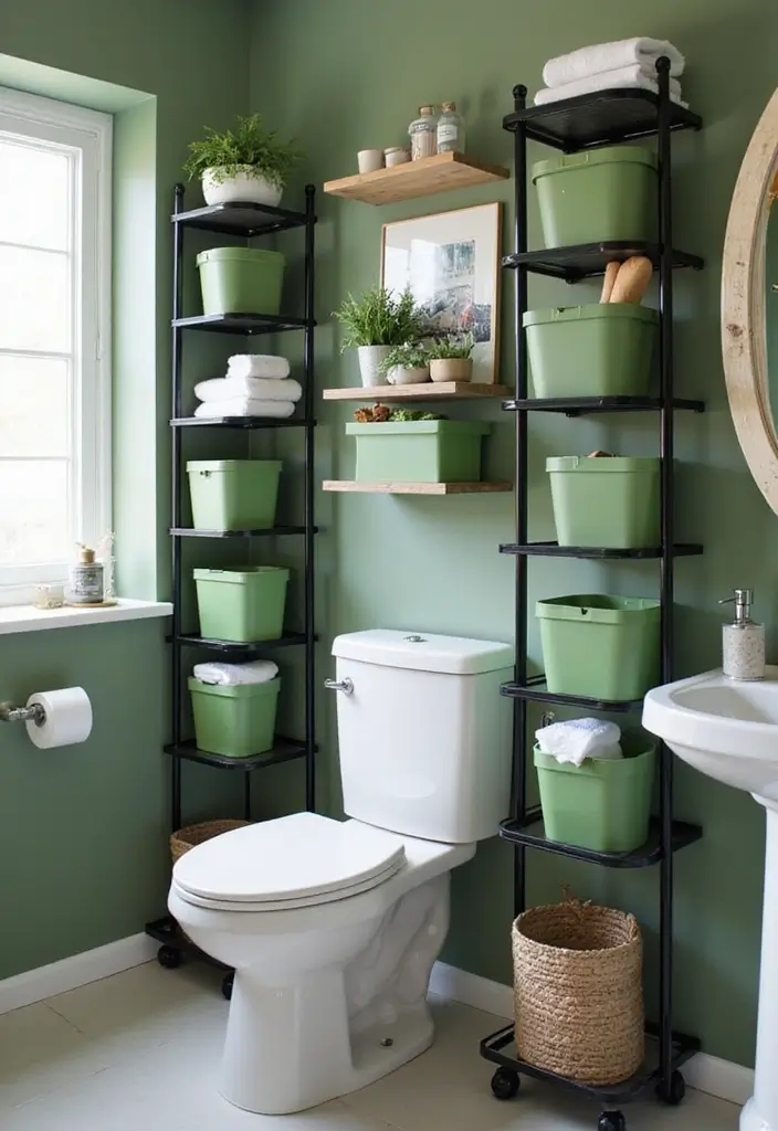 29 Green And Black Bathroom Designs That Feel Luxe - 23. Innovative Storage Solutions