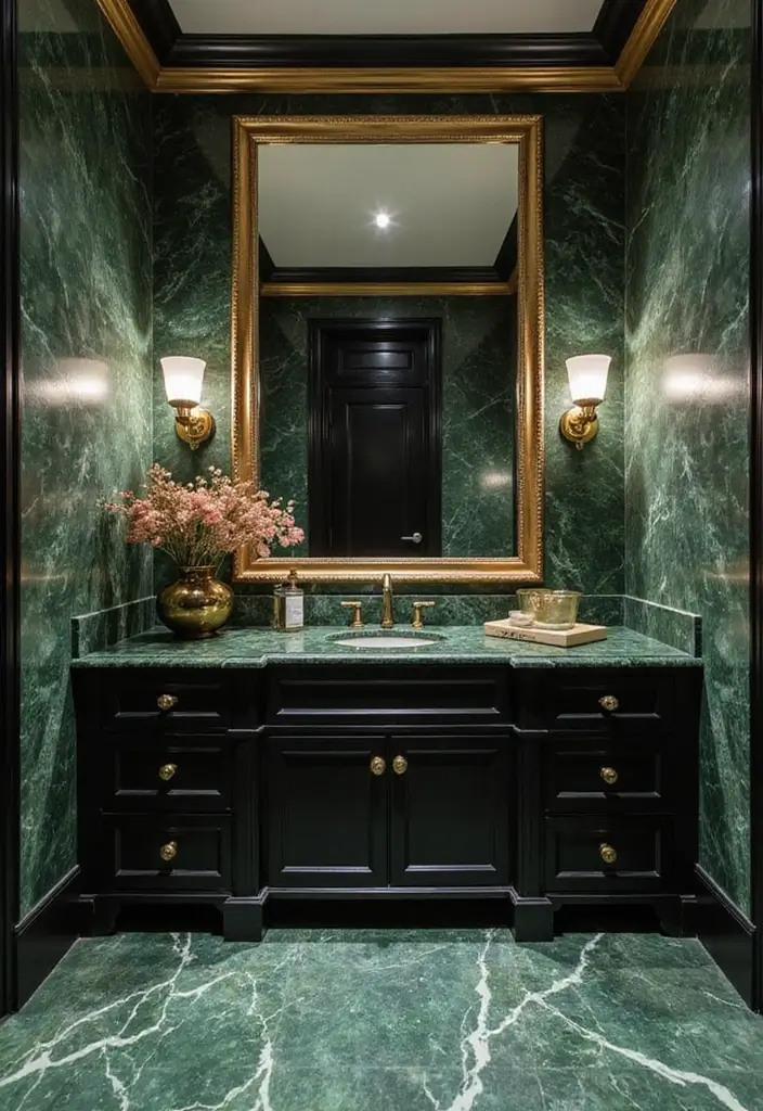 29 Green And Black Bathroom Designs That Feel Luxe - 3. Luxurious Green Marble Accents