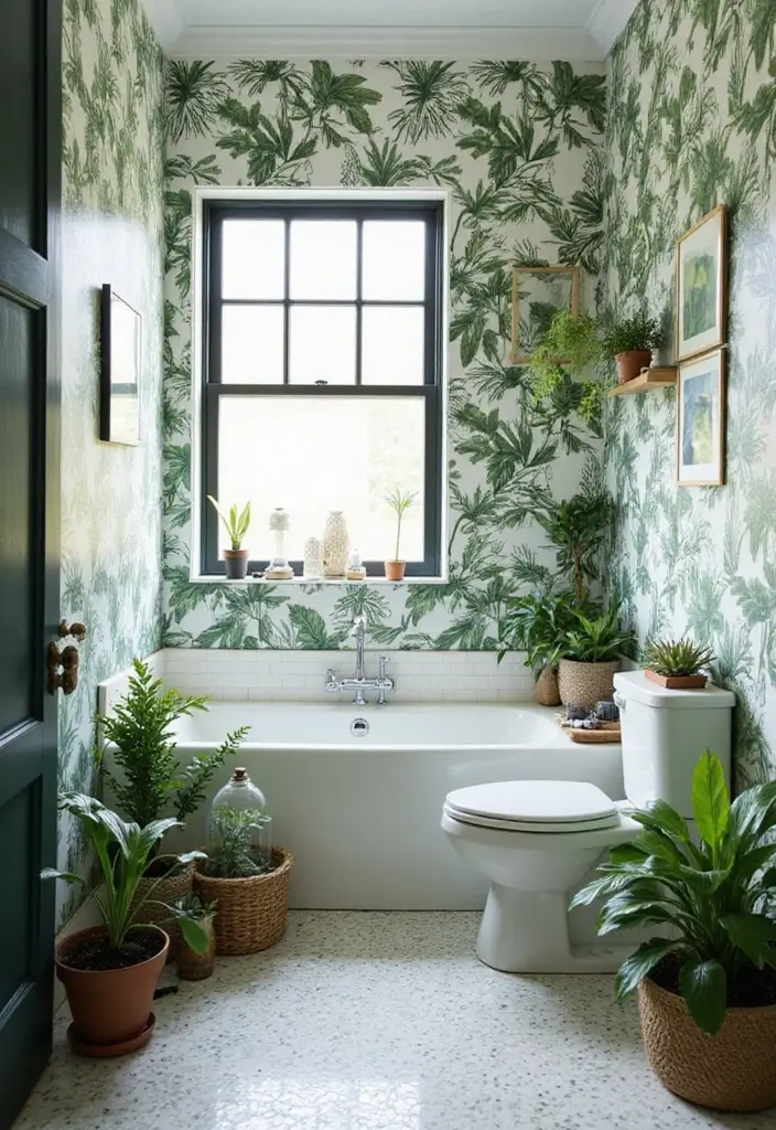 29 Green And Black Bathroom Designs That Feel Luxe - 5. Botanical Prints and Greenery