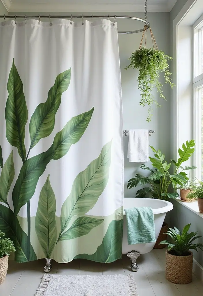 29 Green Bathroom Shower Curtain Ideas That Transform The Look - 1. Lush Botanical Prints