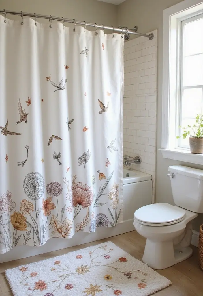 29 Green Bathroom Shower Curtain Ideas That Transform The Look - 10. Artistic Illustrations