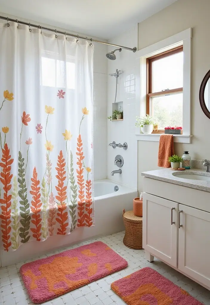 29 Green Bathroom Shower Curtain Ideas That Transform The Look - 12. Artistic Hand-Painted Designs