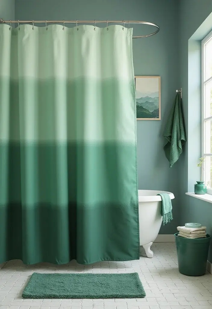 29 Green Bathroom Shower Curtain Ideas That Transform The Look - 14. Monochromatic Chic