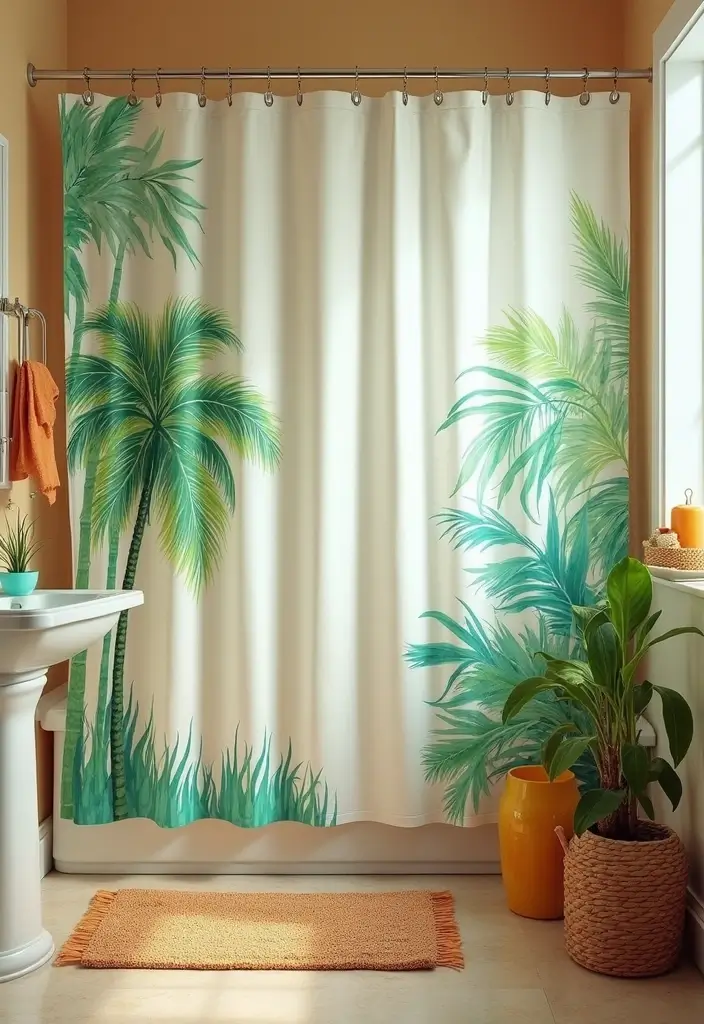 29 Green Bathroom Shower Curtain Ideas That Transform The Look - 15. Tropical Vibes