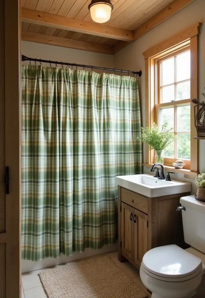 29 Green Bathroom Shower Curtain Ideas That Transform The Look - 16. Cozy Cottage Style
