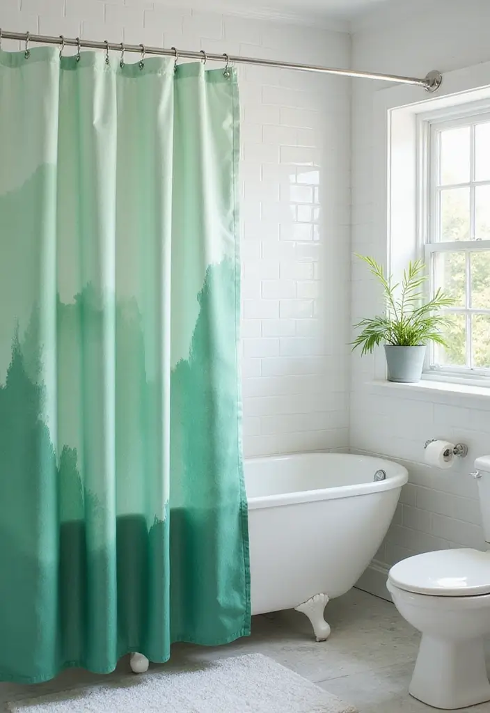 29 Green Bathroom Shower Curtain Ideas That Transform The Look - 17. Artistic Watercolor Styles