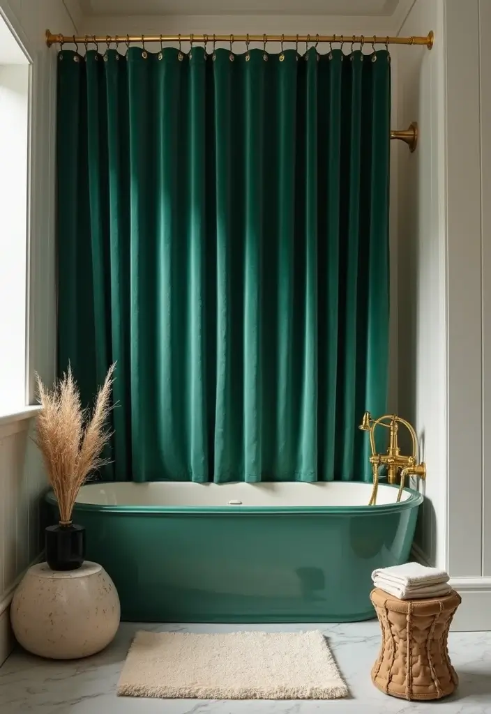 29 Green Bathroom Shower Curtain Ideas That Transform The Look - 18. Sophisticated Velvet