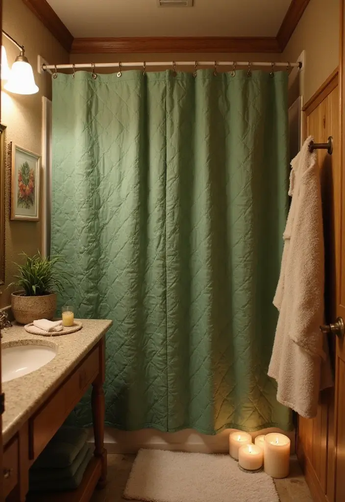 29 Green Bathroom Shower Curtain Ideas That Transform The Look - 23. Cozy Quilted Styles